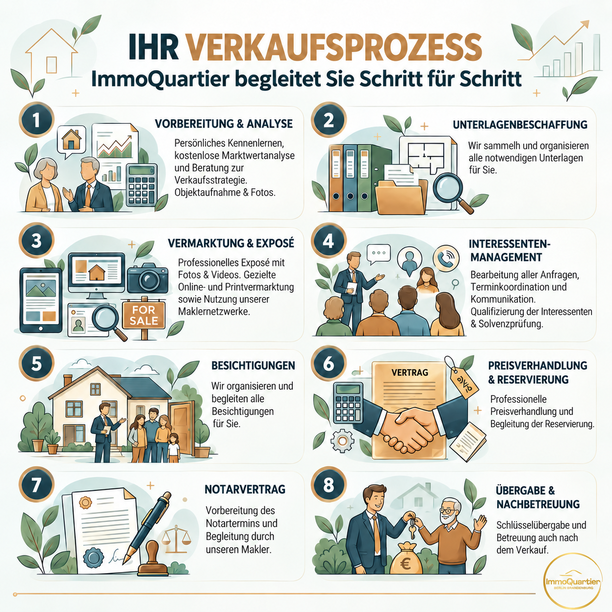 So sieht die klassische Vermarktung Ihrer Immobilie aus, wobei wir Sie unterstützen. 